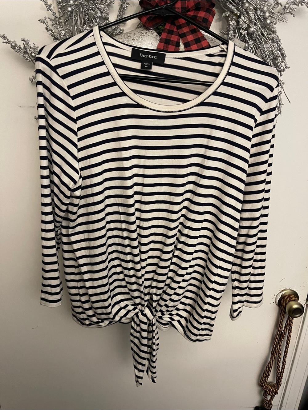 Karen Kane Black & White Striped Tie-Hem Long Sleeve Top